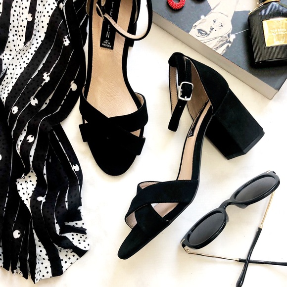 Steven By Steve Madden Shoes - Black Suede Ankle Strap Block Heel Sandals